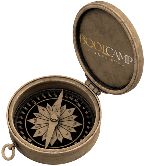 Bússola com a marca do Bootcamp de Business Partners, simbolizando a jornada de evolução no RH